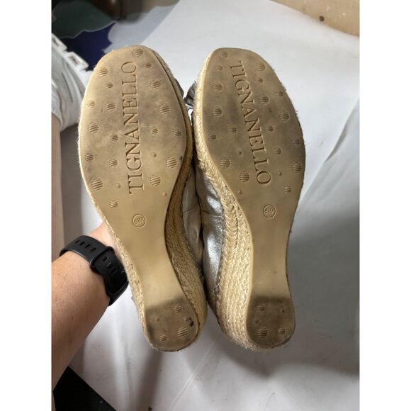Tignanello TGNAIF3 Wedge Espadrilles Tan Silver Size 6.5M Peep Toe Comfort - Picture 8 of 10